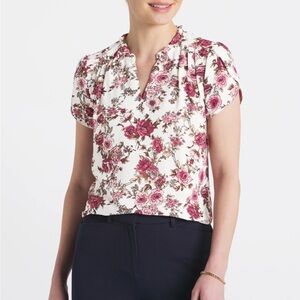 41 Hawthorn White Floral Short Sleeve Blouse with Notched Collar